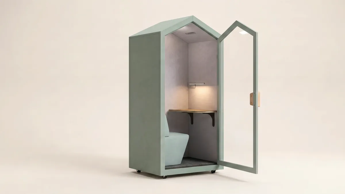 Lillstugan med dörren öppen, soffa, bord och LED-list synliga inuti
