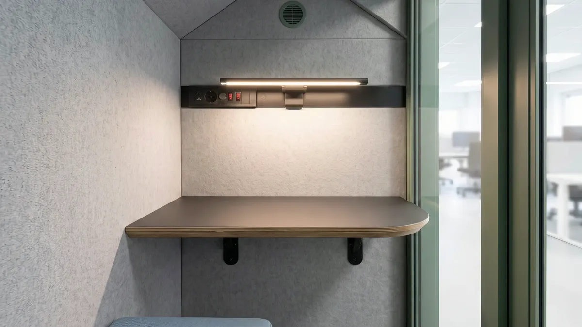 Stående inne i Lillstugan, vänd mot bordsskivan med uttagspanel och LED-list, glasdörren till höger