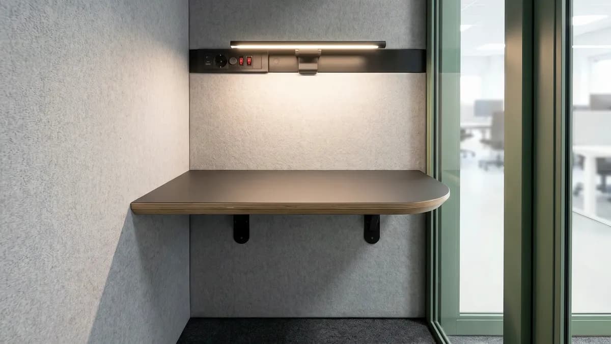 Vy från soffan inne i Lillstugan mot bordsskivan, uttagspanelen och LED-listen, glasdörren till höger