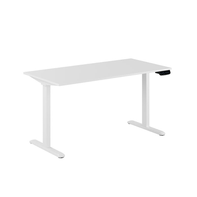 Höj- och sänkbart skrivbord i vitt med vitt underrede och digitalt handkontrollpanel, sett snett från sidan mot vit bakgrund
